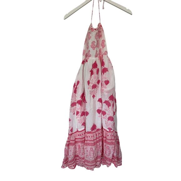 Oliphant Jaipur Medium Pink Floral Halter Smocked Midi Dress Cotton Boho Vacay - Picture 12 of 13